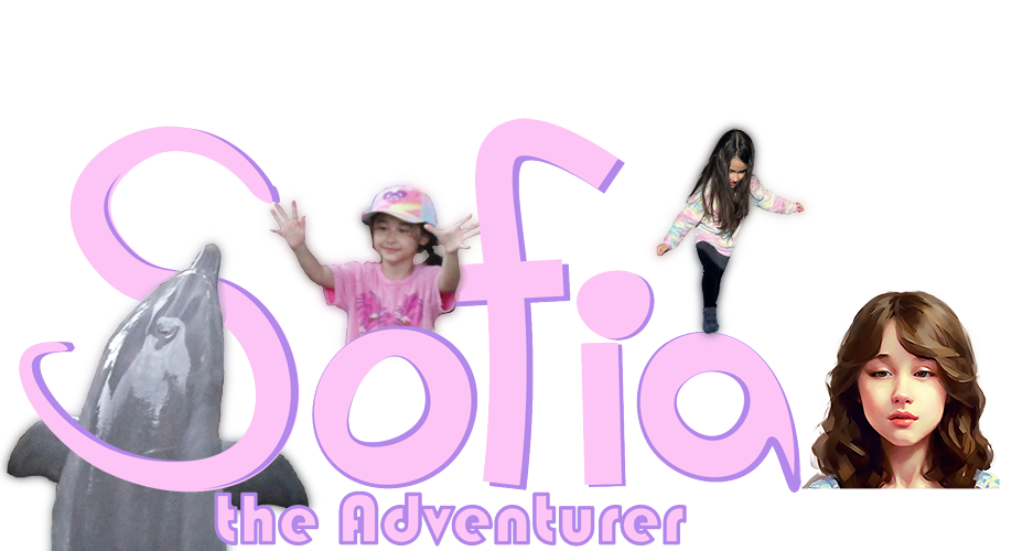 Sofia the Adventure hero image. A dolphin jumps up through the S of Sofia. Sofia has her hands up as a signal to the dolphin between the o and f of Sofia.